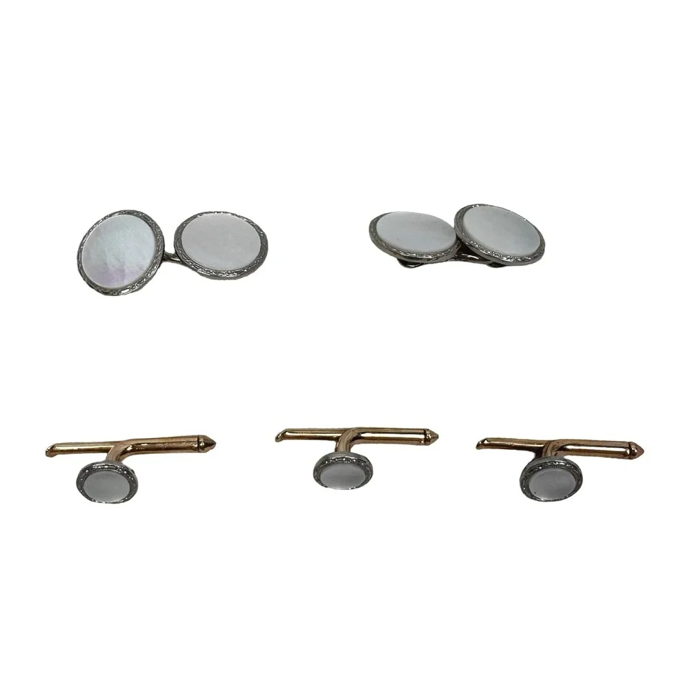 Art Deco Brooks Brothers 14k Yellow White Gold Mother Pearl Cufflinks Studs Set